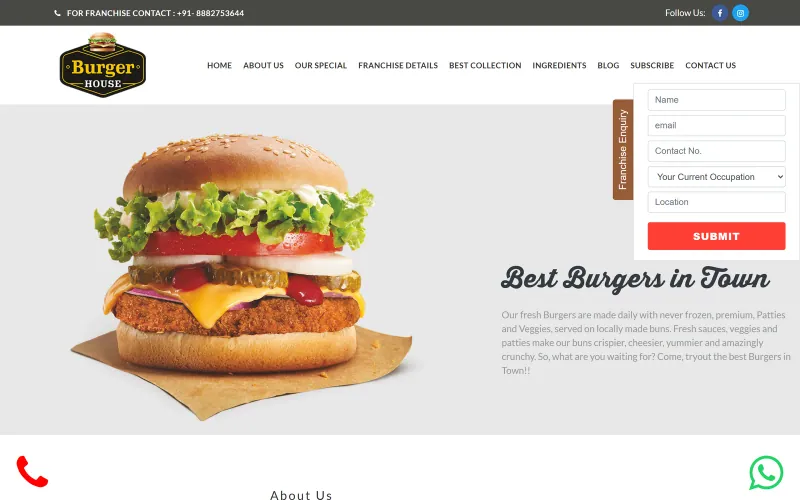 Front page of the Burger House website