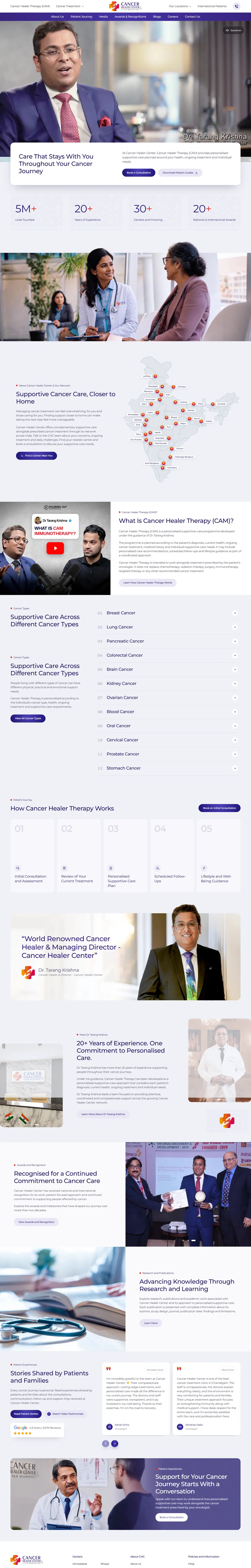 The whole Cancer Healer Center front page, top to bottom